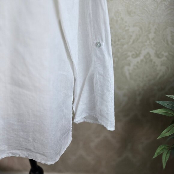Symple NYC White Linen Tunic Blouse Ombre Blue Embroidery Roll Tab Sleeves - Picture 7 of 15